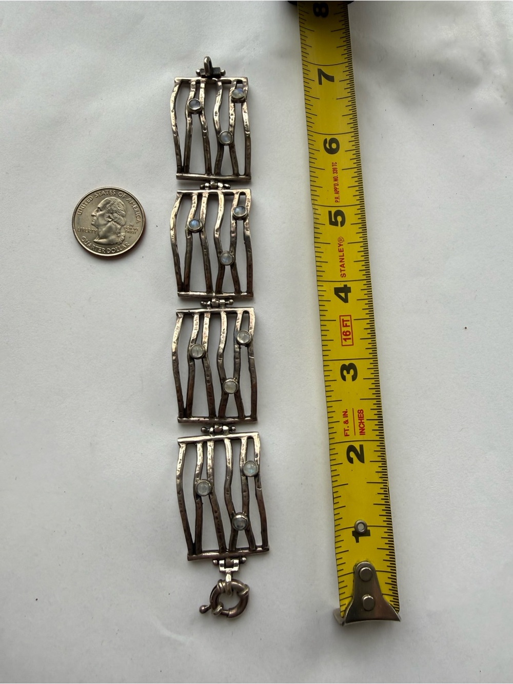 Elegant Sterling Silver 925 Gate-Link Bracelet W Design,Gems,Vintage, Moonstone